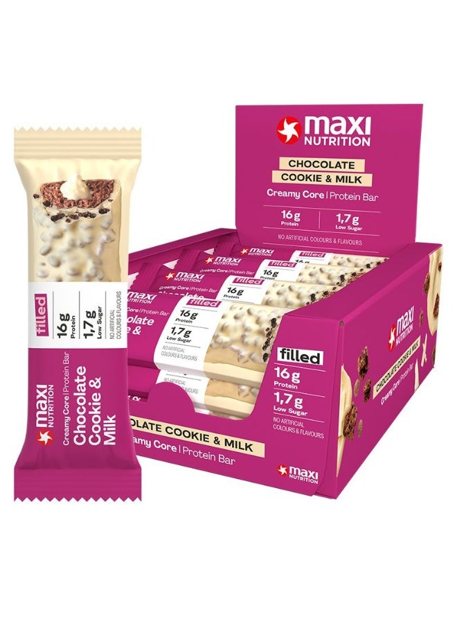 Maxi Nutrition Chocolate Cookie & Milk Creamy Core Protein Bar (Pack of 12 x 45 Grams Each) | With 16G Protein & Low Sugar | Healthy Snack | No Artificial Flavors & Colour Added - Image 1